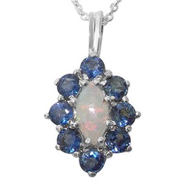 Ladies Solid 925 Sterling Silver Natural Opal & Blue Sapphire Cluster Pendant Necklace