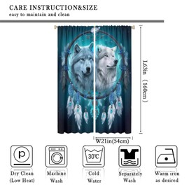 Hazuff Wolf Blackout Window Curtains, Fantasy Feather Gray and White Wolf Dreamcatcher Pattern Decor Insulate Rod Pocket Curtains for Bedroom Living Room Kids Room 42x63in