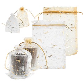 souG Organza Gifts Bags, 5x7 100Pcs Sheer Organza Drawstring Pouches Stars and Moon Wedding Party Favor Jewelry Candy Gift Bags (White and Gold).