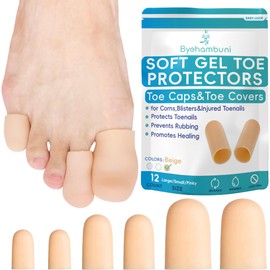Byehambuni Silicone Toe Protectors - 12 Pack Gel Toe Caps - Toe Covers for Women - Toe Cushions for Pain Relief, Corns, Calluses, Blisters, Missing or Ingrown Toenails, Reusable - Beige (4L+4S+4Pinky)