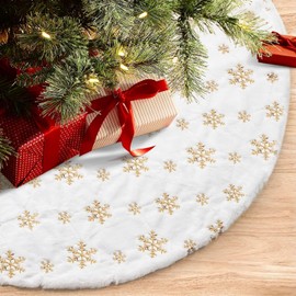 Christmas Tree Skirt, 48 inches Large White Soft Plush Tree Skirt, Luxury Faux Fur Gold Silver Snowflakes Xmas Tree Cover Decor for Christmas New Year Party (Gold Snowflakes)