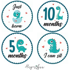 Baby Monthly Milestone Onesie Stickers by Harperlynn (16 Stickers - Dinosaur) - Newborn Photo Prop for Pictures - Great Gift for Parents of Happy Infant Boy or Girl - 4" Round- Fits Memory Planners