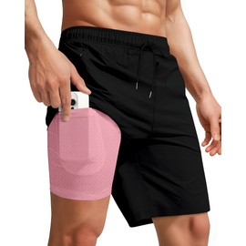 9 Inch Men Swim Trunks Compression Liner Quick Dry Swimwear Bikini Swimsuit Bathing Suit Water Beach Shorts Mexico Vacation Trip Honeymoon Gift Costa Rica Must Haves Bahamas Essential Black Pink