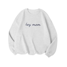 Weetiotio Boy Mom Embroidered Sweatshirt Mama Sweatshirts for Women Mama Life Casual Crewneck Hoodies Oversized Pullover Top(Light Gray,M)