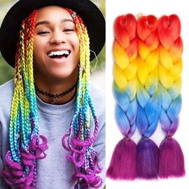 Ombre Braiding Hair 24 Inch Synthetic Hair Extensions for Braiding 3Pack/Lot Pre Stretched High Temperature Crochet Braiding Hair (#D4 Orange to Yellow to Blue to Purple)