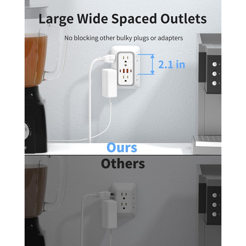 Outlet Extender 6 AC Surge Protection 1050J,Wall Charger 2 USB