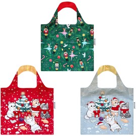 Wrapables Christmas Holiday AllyBag Collection Reusable Shopping Bag (Set of 3), Kitties & Nutcracker