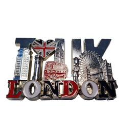 My London Souvenirs Metal Silver Decorative Magnet, Large, London Icons and Word, I Love UK with Union Jack Heart, 1 Piece, UK