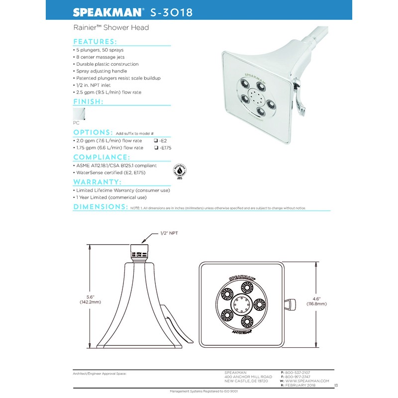 Speakman S-3018-E2 Rainier Anystream Adjustable 2.0 GPM Shower Head, Polished