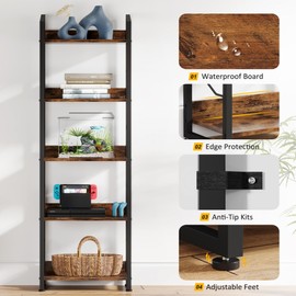 Hosfais 5 Tier Tall Bookshelf: Industrial Wood Book Shelf with Edge Protection Metal Narrow Bookshelf Bookcase Storage Organizer Display Rack for Living Room Home Office (Rustic Brown)