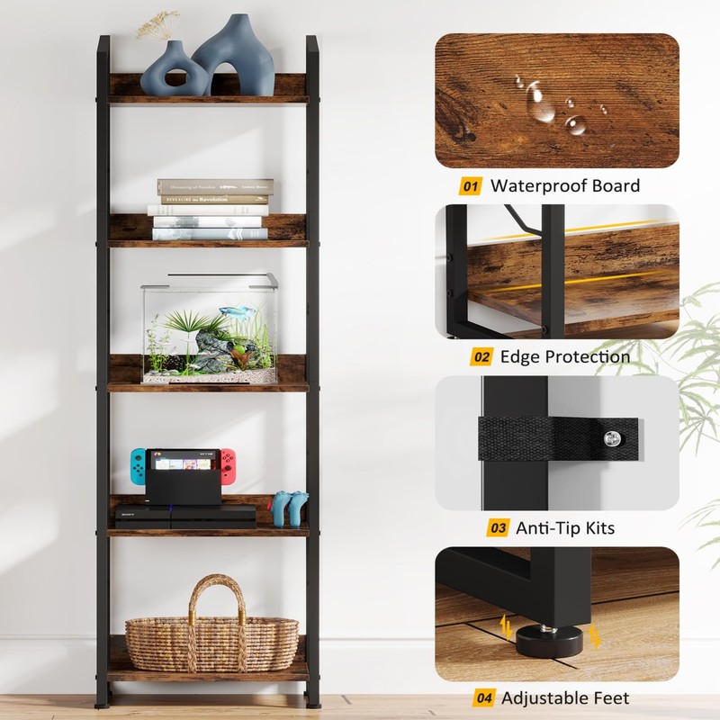 Hosfais 5 Tier Tall Bookshelf: Industrial Wood Book Shelf with