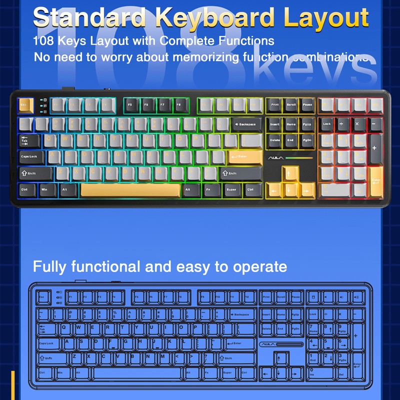 AULA F108 Wireless Mechanical Keyboard, Full Size Gaming Keyboard with