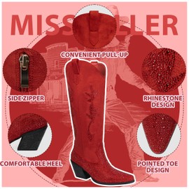 MISSMILLER Women’s Rhinestone Cowboy Boots Wide Calf Western Cowgirl High Knee Boots Pointed Toe Tall Boots for Ladies
