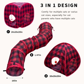 Cat Tunnels for Indoor Cats with Cube Tent Toys Combo, Interactive Collapsible Tent for Hiding Hunting and Resting, Pet Tube with Toy Bell for Kitten, Rabbit, Puppy, Ferret - Set of 3