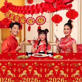 Chinese New Year Decorations Dragon, Lunar New Year Decorations Includes Spring Festival Dragon Garland with Paper Lanterns Hanging, and Chinese New Years Tablecloth for Year of the Horse Party