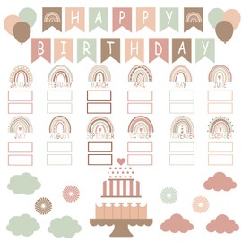 Nezyo 80 Pcs Boho Happy Birthday Bulletin Board Set, Rainbow Birthday Chart for Classroom Decorations Rainbow Calendar Wall Cutouts for School Bulletin Board Decoration(Boho Green Brown Color)