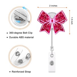 Glitter Pink Bow Badge Reel, Sparkly Decorative Retractable ID Card Holder with Alligator Clip, Cute Rose Badge Clip for Nurse, Student, Teacher, Medical Assistant, Office Worker