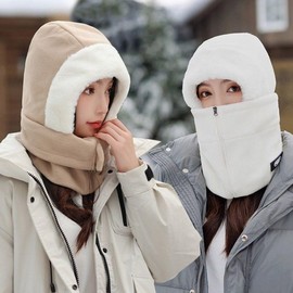 Unisex Full-Cover Hooded Neck Warmer Balaclava with Front Zipper Point and Sports Mesh Motorcycle Beige/FREE