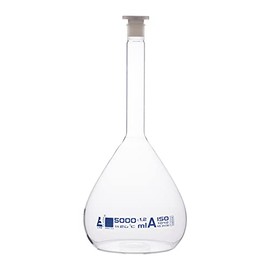 EISCO Volumetric Flask, 5000ml - Class A - 34/35 Polyethylene Stopper, Borosilicate Glass - Blue Graduation, Tolerance ±1.200