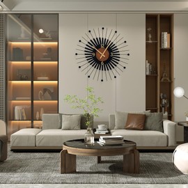 22 Inch Modern Sunburst Wall Clock Battery Operated, Black Metal Radiating Design with Walnut Wood Center, Silent Quartz Movement, Gold Hands – Decorative Clocks for Living Room, Office, Bedroom