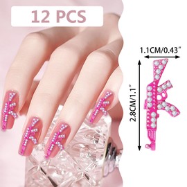 UHOMENY 12PCS Gun Nail Charms, 3D Pink Gun Nail Art Charms Metal Shiny Diamonds Rhinestones Gun Charms for Acrylic Long Nail Art Decorations Jewelry Finding Bracelet Making Accessory