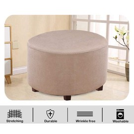 VIENLOVE Round Ottoman Slipcover Polyester Blend Footstool Protector Covers Stretch with Elastic Bottom Feature Textured Machine Washable Jacquard Fabric (Beige, Medium Size)
