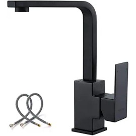 Modern Stainless Steel High Arc Single-Hole Kitchen Bar Faucet with Water Supply Hose Mini Prep Sink FaucetColor: Black, Surface Finishing: Black