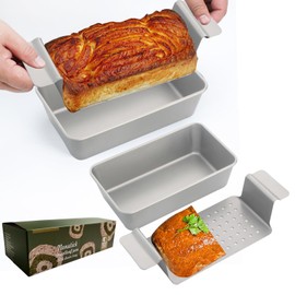 Barlket Meat Loaf Pan Set Nonstick, 2-Set Large Meatloaf Pan with Drain Tray 2LB, with Drip Tray Lifted for Healthy Baking Draining Grease Off, Homemade Banana Bread Tin, Oven Safe, Silver