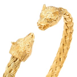 COOLSTEELANDBEYOND Mens Wolf Head Bracelet Steel Braided Cable Bangle Cuff Bracelet Gold Color Polished, Adjustable(CA)