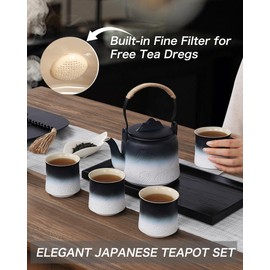 ZENS Vintage Japanese Tea Set, 33.8 oz Gradient Embossed Ceramic Japanese Teapot with Built-in Strainer for Tea Steeper, Hemp Rope Handle Loose Leaf Tea Pot with 4 Cups for Tea Party, Black & White