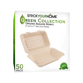 STOCKYOURHOME Bagasse Clamshell Takeout Containers, Biodegradable Eco Friendly Take Out to Go Food Containers with Lids for Lunch Leftover Meal Prep Storage, Microwave and Freezer Safe, 9x6, 50 Pack