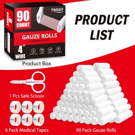 Dmsky 90 Pack Gauze Rolls, 4 in x 4.1 Yards, Individually Wrapped Breathable Rolled Gauze, Premium First Aid Supplies & Medical Supplies for Wounds