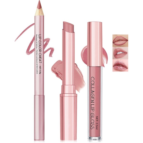 Caedelfly 3 in 1 Nude Pink Lipstick&Lip Gloss&Lip Liner Combo