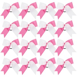Cheer Bows 6 Inch 2 Color Ponytail Holder Hair Tie 16 Pcs Hair Bow Cheerleader Bows Hair Tie (White/Hot Pink)