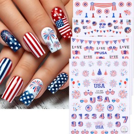 4th of July Nail Stickers Independence Day Nail Decals 6PCS Red White Blue Sticker for Nails Patriotic Theme Nail Art Supplies Design Stickers Slider Manicure Accessories DIY Nail Decoration Nail Art