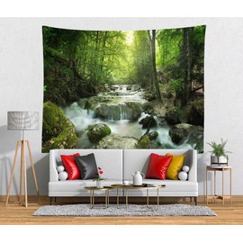 BELECO Green Forest Tapestry Backdrop Small Waterfall Wall Tapestry Natural Scenery River Stream Wall Hanging Forest Landscape Tapestries for Bedroom Living Room Dorm Art Wall Decor