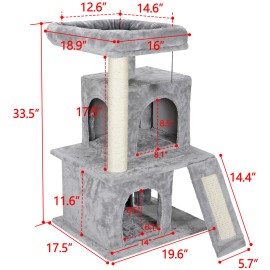 Segawe 34 Inches Cat Tree Multilevel Cat Tower with Double Condos Dangling Balls Gray
