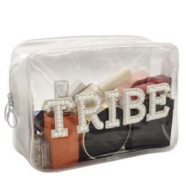 ZHENNAN Tribe Makeup Bag Clear Cosmetic Bags for Bridesmaid Pearl Rhinestone Travel Makeup Pouch Toiletry Bags Organizer Portable Transparent Storage Bag Wedding Gift for Tribe