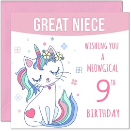 9th Great Niece Birthday Card - Meowgical Funny Cat Birthday Card for 9 Year old Kids Nine, Ninth