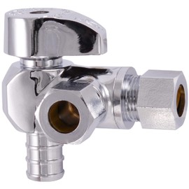 SharkBite 1/2 x 3/8 x 3/8 Inch OD Compression Angle Stop Valve, Dual Outlet, Quarter Turn, PEX Pipe, PE-RT, 23066LF