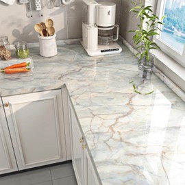 FunStick 36"x200" Blue and Gold Marble Contact Paper Peel and Stick Countertop Contact Paper for Kitchen Cabinets Waterproof Removable Marble Wallpaper for Bathroom Counter Top Covers Desk Vinyl Wrap