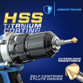 ARMOUR TOOLING - 6 piece countersink drill bit set - HSS Titanium CBN ground - 90 Degrees - 6.3/8.3/10.4/12.4/16.5/20.5mm - For Aluminium wood plastic or steel - 3 flute - for chamfering and deburring