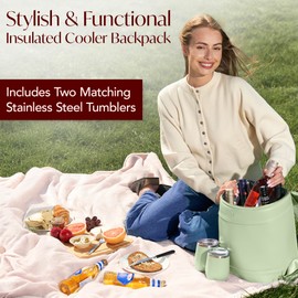 Insulated Cooler Backpack with 2 Stainless Steel Wine Tumblers – Leakproof & Spillproof Stylish Vegan Leather Picnic Cooler Bag – Lightweight & Portable – Holds 24 Cans or 6 Wine Bottles (Green)