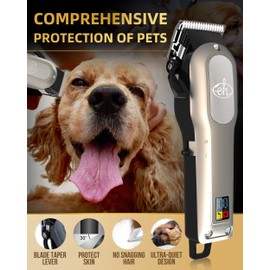 E-Hunter Professional Dog Clippers Cordless Rechargeable - Pet Grooming Kit with 8 Comb Guides, LED Display & Quiet Motor 50DB for Dogs, Cats with Thick Hair - Includes Cleaning Brush & Oil