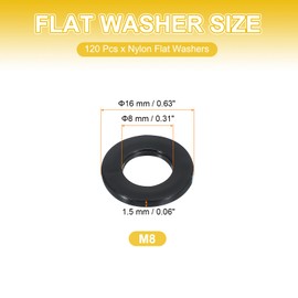 PATIKIL M8 Nylon Flat Washers, 120 Pcs 8mm ID 16mm OD 1.5mm Thick Plastic Sealing Flat Round Washer Spacer Gaskets Replacement for Plumbing Faucet Hose Fastener Bolt, Black