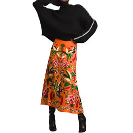 THLAI Womens Skirt Midi Skirt Tropical Plant Print Pink Zipper A-Line Long Skirts Spring Summer Skirt Floral