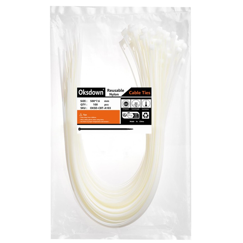 Oksdown 100 Pack 20 inch Reusable Zip Ties White Heavy