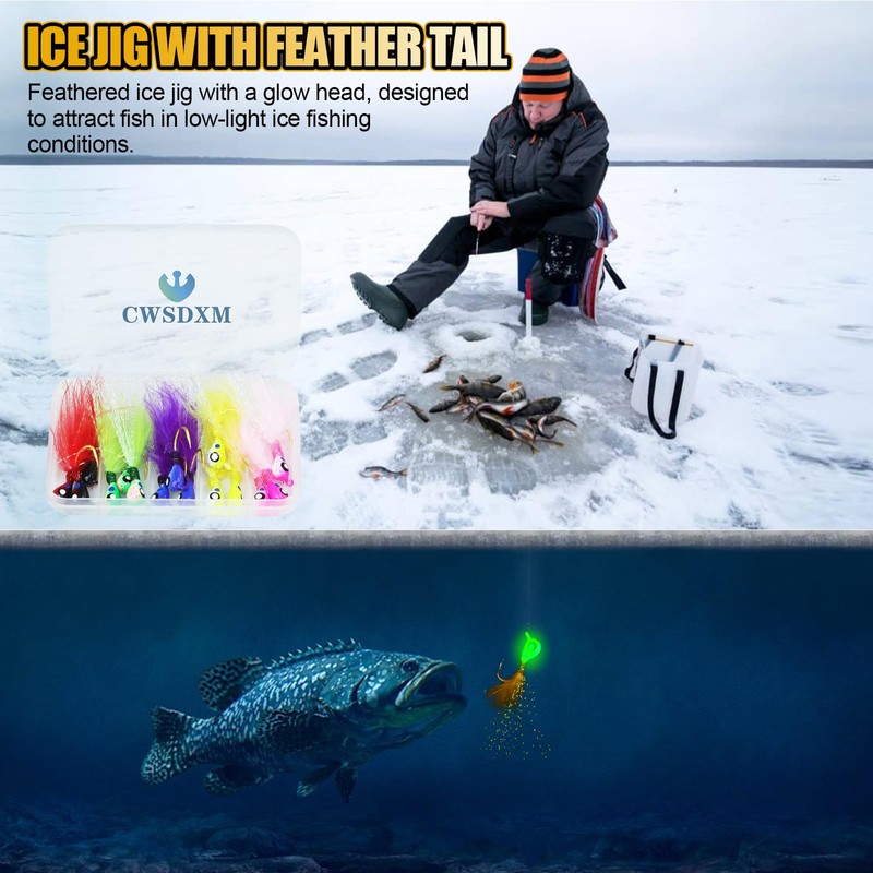 CWSDXM 15PCS Ice Fishing Jigs Glow-in-The-Dark Ice Fishing Set with