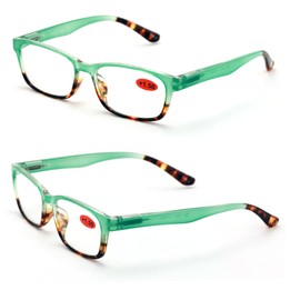 V.W.E. 2 Pairs of Stylish Classic Rectangle Reader With Spring Hinges Women Half Translucent Tortoise Reading Glasses (Green, 2.25)