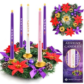 Kenburg 12in Christmas Advent Wreath 5 Candle Holder with Candles, Metal Cups for Taper Candles Advent Wreath and Candles Set Safety Fire Retardant Centerpiece Decorations for Table Indoor Home Church
